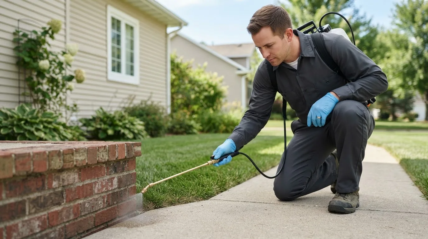 Pest control technician treating a home near Monmouth, IA