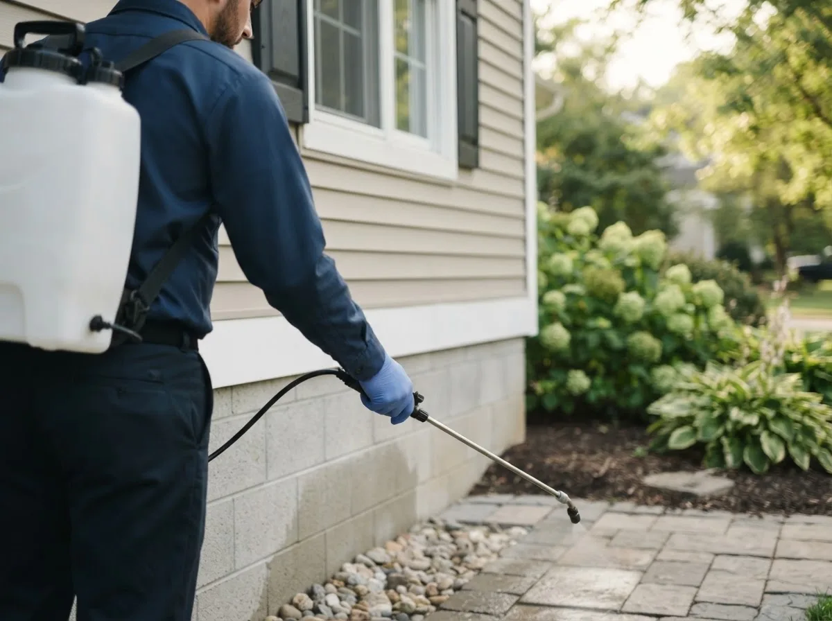 Pest control technician inspecting a home in Monmouth, IA